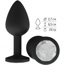 Силиконовая анальная втулка с прозрачным кристаллом, цвет черный, Джага-Джага 518-01 white-DD, длина 6.5 см.