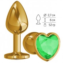 Анальная втулка Gold с зеленым кристаллом сердце маленькая, бренд Джага-Джага, длина 7 см.