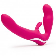 Безремневой страпон с клиторальным стимулятором «Rechargeable Vibrating Strapless Strap-On», цвет розовый, Happy Rabbit 74311, из материала Силикон, длина 12.7 см.